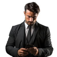 ai generato giovane uomo utilizzando smartphone isolato su trasparente sfondo. generativo ai png