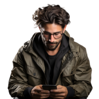 ai gerado jovem homem usando Smartphone isolado em transparente fundo. generativo ai png