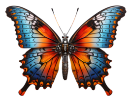 ai généré proche en haut de une magnifique et multicolore papillon avec propager ailes isolé sur transparent Contexte. génératif ai png