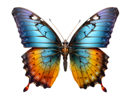 ai généré proche en haut de une magnifique et multicolore papillon avec propager ailes isolé sur transparent Contexte. génératif ai png