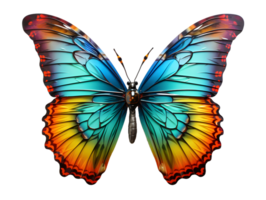 ai généré proche en haut de une magnifique et multicolore papillon avec propager ailes isolé sur transparent Contexte. génératif ai png