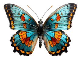 ai généré proche en haut de une magnifique et multicolore papillon avec propager ailes isolé sur transparent Contexte. génératif ai png