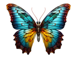 ai généré proche en haut de une magnifique et multicolore papillon avec propager ailes isolé sur transparent Contexte. génératif ai png