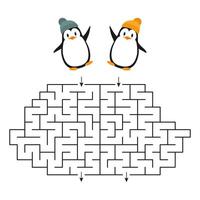 Vector game - a labyrinth for two with cute cartoon penguins for teaching children. Who can find the way out of the maze faster for the penguin.