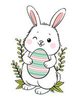 Cute White Easter Bunny Hugging Big Egg vector