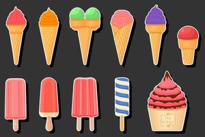 Illustration on theme big kit ice cream different types in cone waffle cup vector