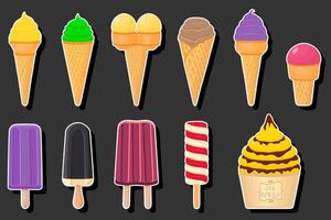 Illustration on theme big kit ice cream different types in cone waffle cup vector