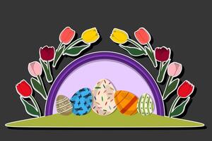 Illustration on theme celebration holiday Easter with hunt colorful bright eggs, banner consisting of hunt different Easter eggs, beautiful Easter eggs are main accessory at abstract background vector