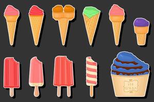 Illustration on theme big kit ice cream different types in cone waffle cup vector