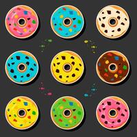 Illustration on theme big set different types sticky donuts, sweet doughnuts various size vector