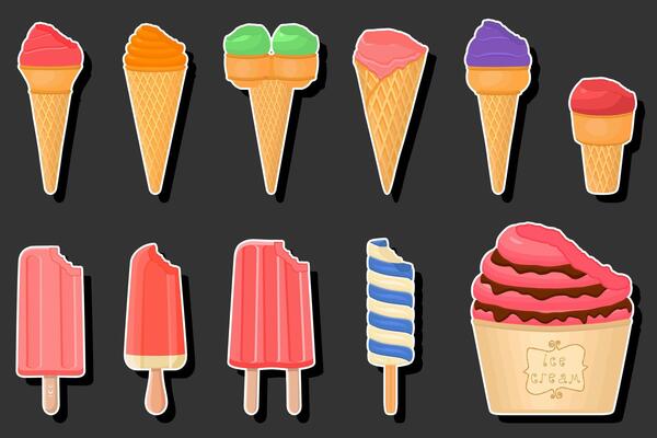 Illustration on theme big kit ice cream different types in cone waffle cup