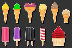 Illustration on theme big kit ice cream different types in cone waffle cup vector