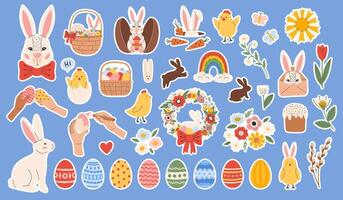 Easter sticker pack. Spring collection with rabbits, flowers, eggs, chicks, baskets. Vector illustration in flat hand drawn style