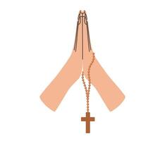 Folded hands holding cross. Praying gesture. Religious christian symbol. Holy Week. Vector illustration in flat hand drawn style