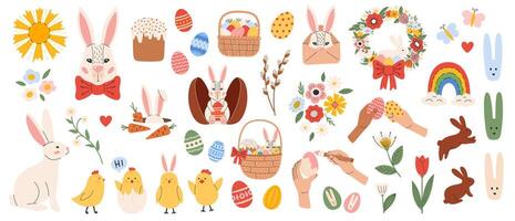 Cute Easter set. Spring collection with rabbits, flowers, eggs, chicks, baskets. Vector illustration in flat hand drawn style