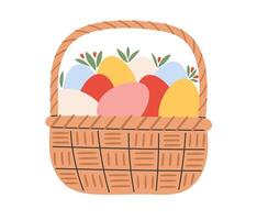 Easter basket with colorful eggs. Spring holiday. Vector illustration in flat hand drawn style