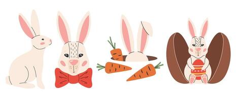 Cute Easter bunny set. Spring collection with rabbits. Vector illustration in flat hand drawn style