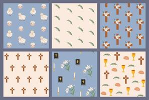 Seamless pattern with Easter Religious christian signs and symbols. Bible, hands holding cross, dove with branch, cross of Jesus Christ, bowl and bread, sheep. Holy Week. Vector illustration