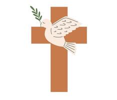 Cross and dove with branch icon. Easter symbol. Religious christian sign. Holy Week. Vector illustration in flat hand drawn style