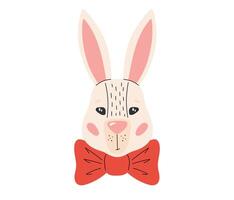 Cute white Easter bunny with bow. Happy Easter. Spring holiday. Vector illustration in flat hand drawn style