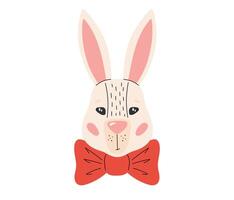 Cute white Easter bunny with bow. Happy Easter. Spring holiday. Vector illustration in flat hand drawn style