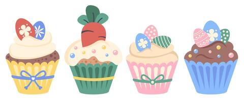 Set of Easter cakes. Festive cupcakes bread with decorated color eggs and carrot. Holiday bread for decoration pa vector