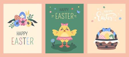 Set of Easter cards. Greeting posters with decorated eggs in basket, cute chick, Easter wreath. Funny chicken with wishes. Spring holiday, flowers. Clipart. Vector cartoon flat illustration