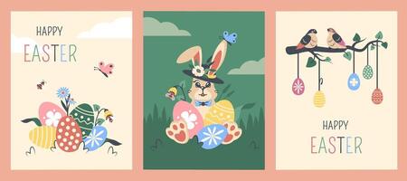 Set of Easter cards. Greeting background with traditional festive elements. Easter bunny in hat. Spring birds sit on branch decorated with Easter eggs. Color text. Vector hand drawn illustration