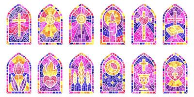 Church glass windows. Stained mosaic catholic frames with cross, book and religious symbols. Vector set isolated on white background