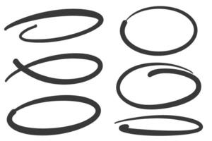 Highlight pen line. Hand drawn circle underline sketch. Oval pencil stroke. Doodle mark scribble. Ellipse and round emphasis. Vector elements set