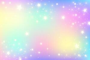 Rainbow unicorn pastel background with glitter stars. Pink fantasy sky. Holographic space with bokeh. Fairy iridescent gradient backdrop. Vector