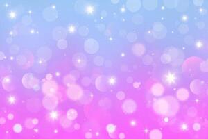 Rainbow unicorn background. Pastel glitter pink fantasy galaxy. Magic mermaid sky with bokeh. Holographic kawaii abstract space with stars and sparkles. Vector