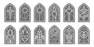 Church glass windows. Stained mosaic catholic and christian frames with cross. Vector gothic medieval outline arches isolated on white background