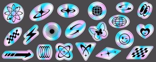 Y2k holographic stickers set. Retro gradient foil shapes and futuristic labels. 2000s rave neon collection. Textured graphic space badges. Vector. vector