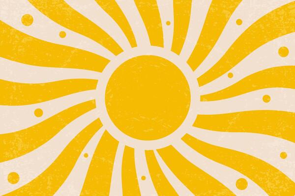 Retro summer sun background. Vector groovy sunshine wavy rays in vintage grunge design. 70s radial poster. Modern illustration.
