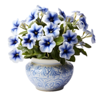 ai genererad blå petunia blommor i pott isolerat på transparent bakgrund. generativ ai png