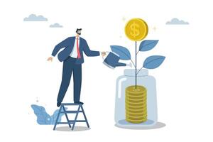 Return on investment or interest on deposits, Wealth from savings, Personal finance management concepts, Businessman is watering a growing money plant and is issuing coins. Vector design illustration
