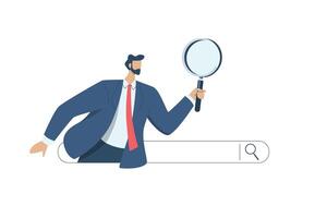 SEO. Search engine optimization, Analyze website page statistics, Internet marketing concepts,  Man with magnifying glass coming out of web browser bar. Searching for information online. vector