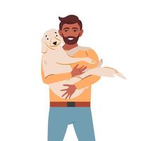 hombre participación linda perro. contento mascota propietario y adorable terrier. persona cuidando acerca de compañero perrito, cachorro, canino animal. plano vector ilustración aislado en blanco antecedentes