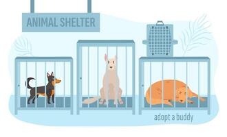 Cartoon dog shelter. Caged stray dogs vector flat illustration. Dog adoption center or pet rescue center. Pet adoption, charity, love and dog ownership concept