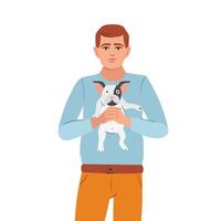 hombre participación linda cachorro. contento mascota propietario y adorable pequeño perro mirando a cada otro. persona cuidando acerca de compañero perrito, cachorro, canino animal. plano vector ilustración aislado en blanco antecedentes