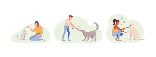 Set of composition with pet owners and trainers characters working with dog training obedience. Playing with pets, spending time with cats and dogs concept vector