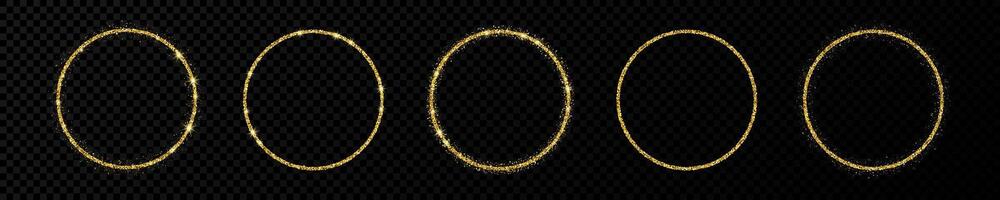 Set of five gold glitter frames. Circle frame with shiny sparkles on dark background. Vector illustration