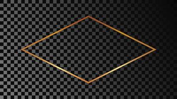 Gold glowing rhombus  shape frame isolated on dark background. Shiny frame with glowing effects. Vector illustration.