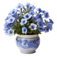ai généré bleu pétunia fleurs dans pot isolé sur transparent Contexte. génératif ai png