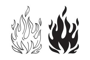 iconos de fuego dibujados a mano. conjunto de vectores de iconos de llamas de fuego. fuego de boceto de garabato dibujado a mano, dibujo en blanco y negro. símbolo de fuego simple.