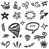 Vector set of hand-drawn cartoony expression sign doodle, curve directional arrows, emoticon effects design elements, cartoon character emotion symbols, cute decorative brush stroke lines.