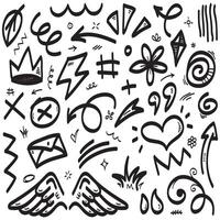 Vector set of hand-drawn cartoony expression sign doodle, curve directional arrows, emoticon effects design elements, cartoon character emotion symbols, cute decorative brush stroke lines.