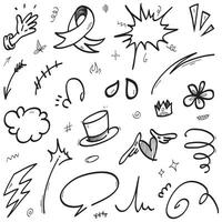 Conjunto de vectores de doodle de signo de expresión de dibujos animados dibujados a mano, flechas direccionales de curva, elementos de diseño de efectos de emoticonos, símbolos de emoción de personaje de dibujos animados, lindas líneas de trazo de pincel decorativo.