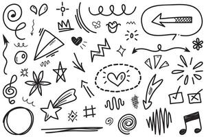 Conjunto de vectores de doodle de signo de expresión de dibujos animados dibujados a mano, flechas direccionales de curva, elementos de diseño de efectos de emoticonos, símbolos de emoción de personaje de dibujos animados, lindas líneas de trazo de pincel decorativo.